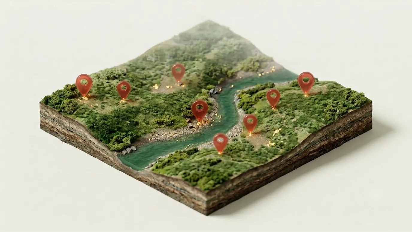 Território cortado da terra, ainda sem ninguém: mata, um rio e pontos de ouro brilhando no solo, cada um marcado por um pino.