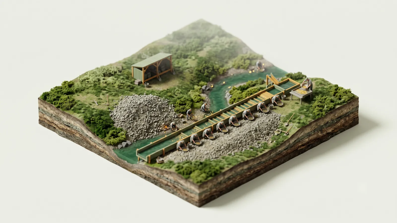 Calha de lavagem: rejeito de pedra de um lado, ouro recolhido na bateia do outro.